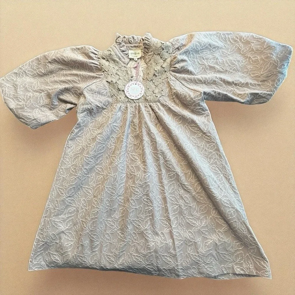 NWT Women's Umgee Jacquard Dress Small Beige Lace‎ Puff Sleeve Floral Boho Shift